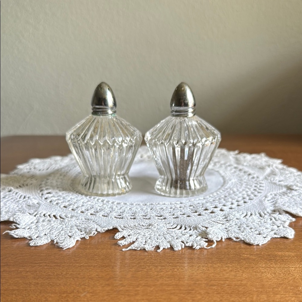 Vintage Cut Glass Salt and Pepper Shakers with Silver Tops
